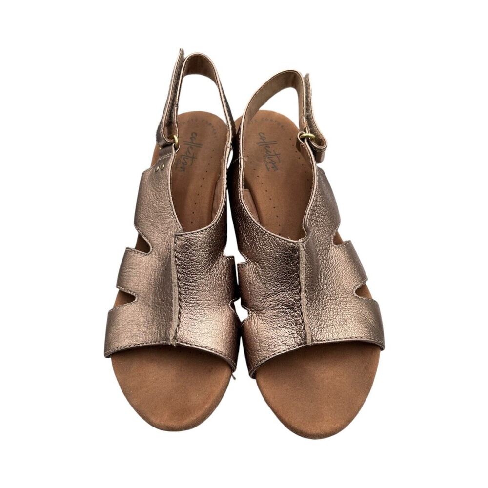 Clarks Collection Gold Nubuck Strap Leather Platform Wedge Sandal Size 9.5M EUC - Picture 2 of 9